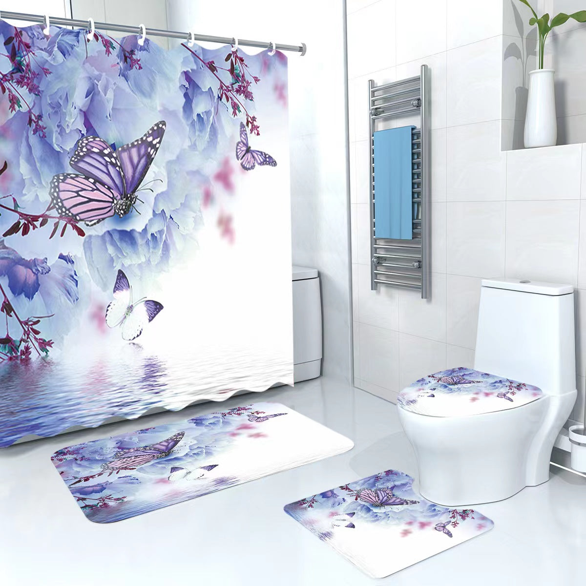 3D 4 in1 bathroom woolen mats with a waterproof shower curtain