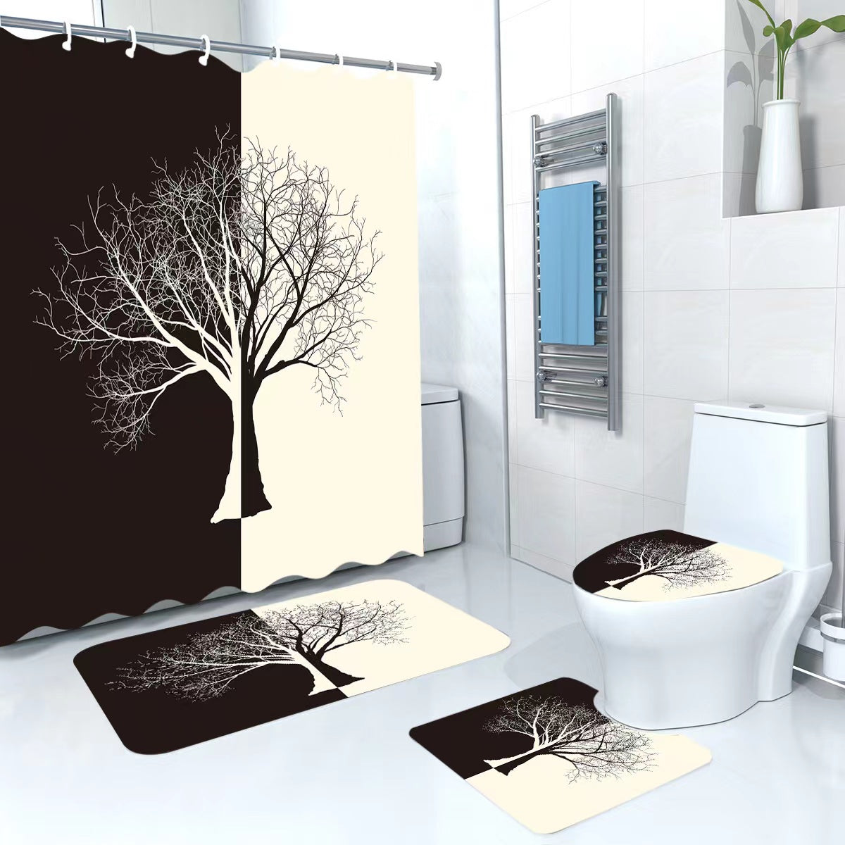 3D 4 in1 bathroom woolen mats with a waterproof shower curtain