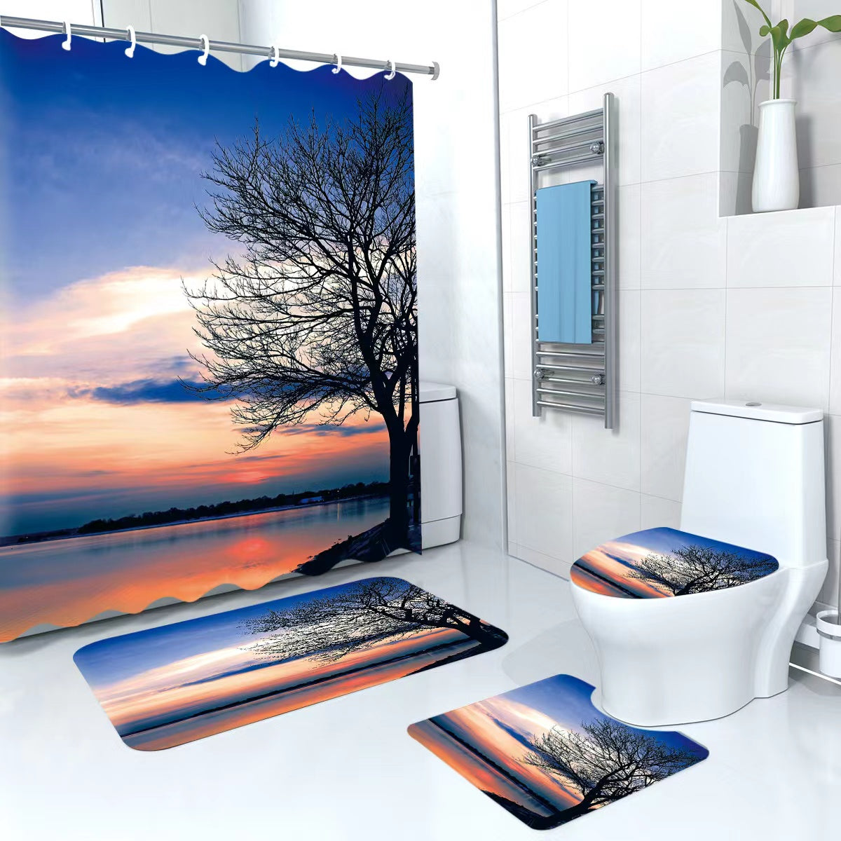 3D 4 in1 bathroom woolen mats with a waterproof shower curtain