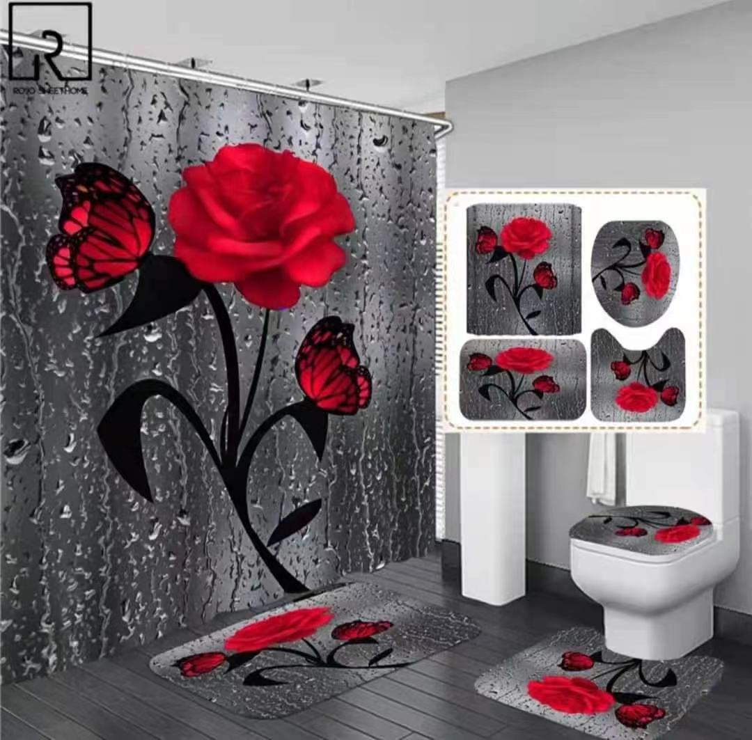 3D 4 in1 bathroom woolen mats with a waterproof shower curtain