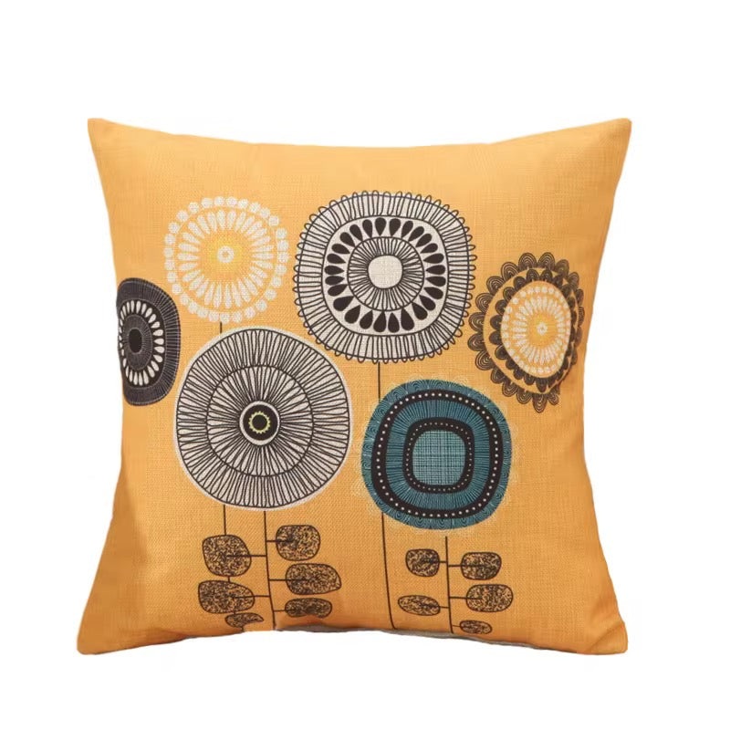 Cushion Cover, Set of 4 Cartoon Flowers Pattern Cotton and Linen Pillowcase Square House Sofa Cover 45 x 45 cm