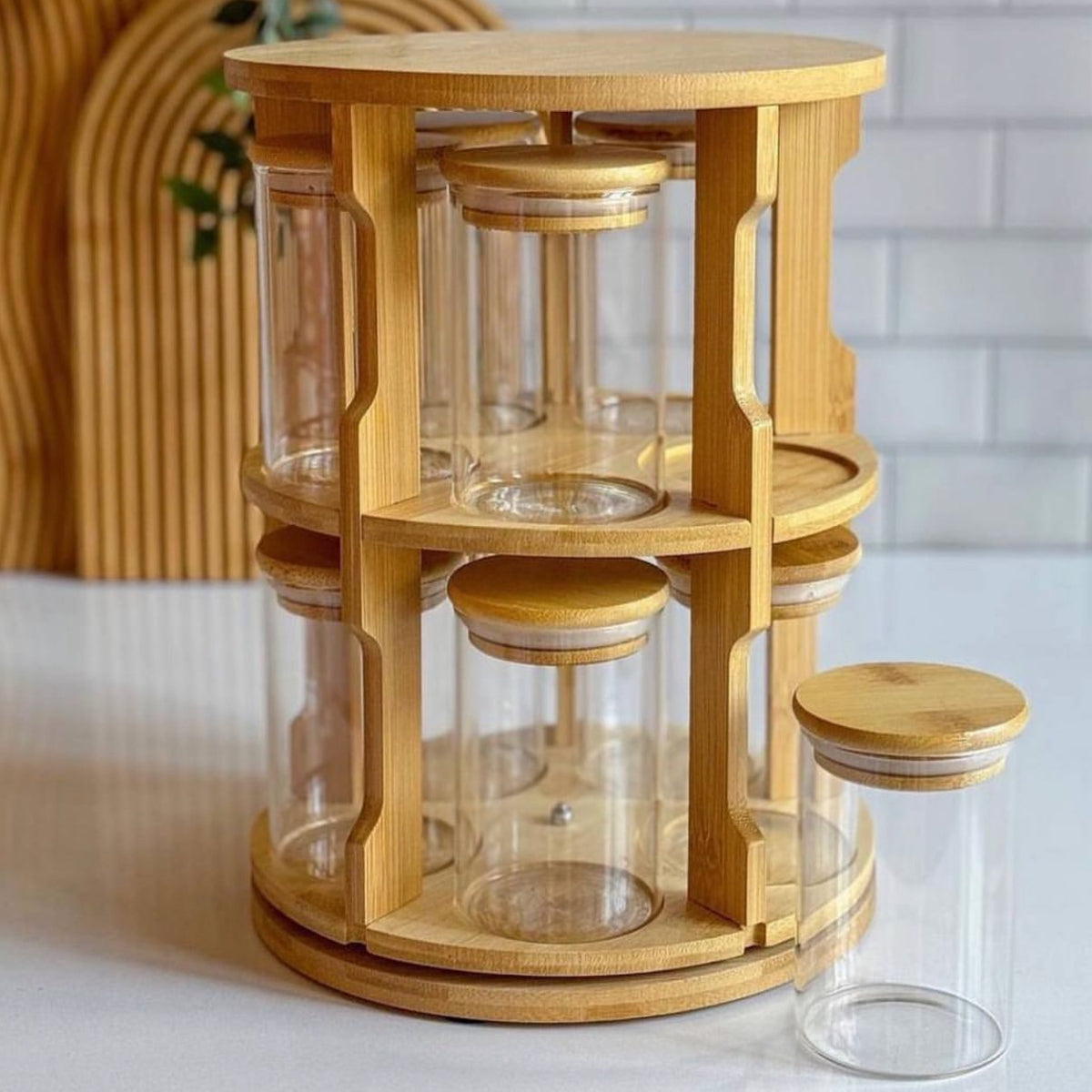 360° Rotating Spice Bamboo Tabletop Rack With 10 Big Jars & Accessorie ...