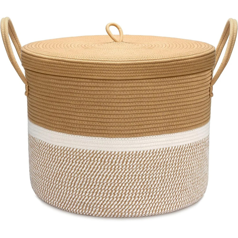 Large Rope Blanket Basket with Lid, Woven Storage Basket Baby Laundry Basket Hamper