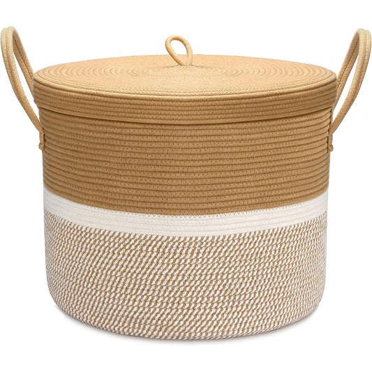 Cotton Rope Basket with Lid Round Woven Decorative Storage Basket
