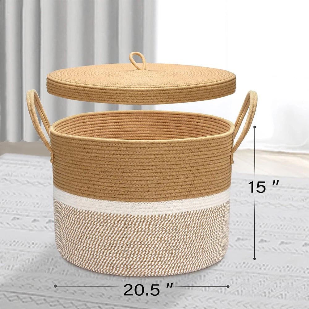 Large Rope Blanket Basket with Lid, Woven Storage Basket Baby Laundry Basket Hamper