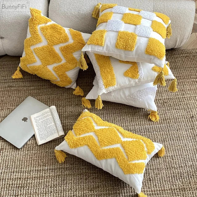 Yellow Embroidery Cushion Cover Geometric Tassels Pillow Cover 45x45cm