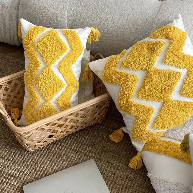 Yellow Embroidery Cushion Cover Geometric Tassels Pillow Cover 45x45cm