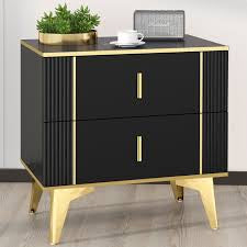 Black Gold Nightstand, Light Luxury Striped Bedside Table with 2 Wooden Drawers