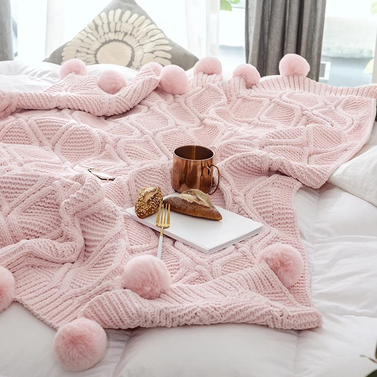 Jacquard Sherpa Comforter Set Queen Size and Chenille Knitted Throw Blanket with Pompoms