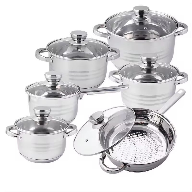 Signature Stainless Steel 12pcs Cookware Set With Induction Base With Glass Lids and Nonstick Pan