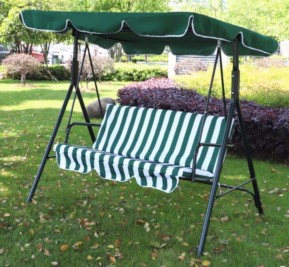 3 Seat Garden Patio Swing Chair With Canopy Green And White Candy Stripe Padded Cushion