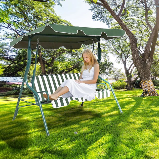 3 Seat Garden Patio Swing Chair With Canopy Green And White Candy Stripe Padded Cushion