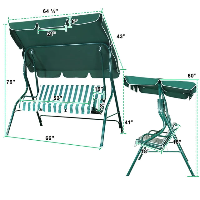 3 Seat Garden Patio Swing Chair With Canopy Green And White Candy Stripe Padded Cushion