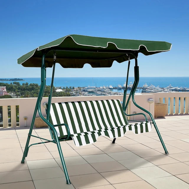 3 Seat Garden Patio Swing Chair With Canopy Green And White Candy Stripe Padded Cushion