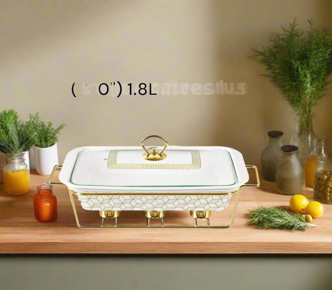 13inch 1.8l Ltr Rectangle Porcelain Casserole with Warmer Rack  Food Warmer Chafing dish