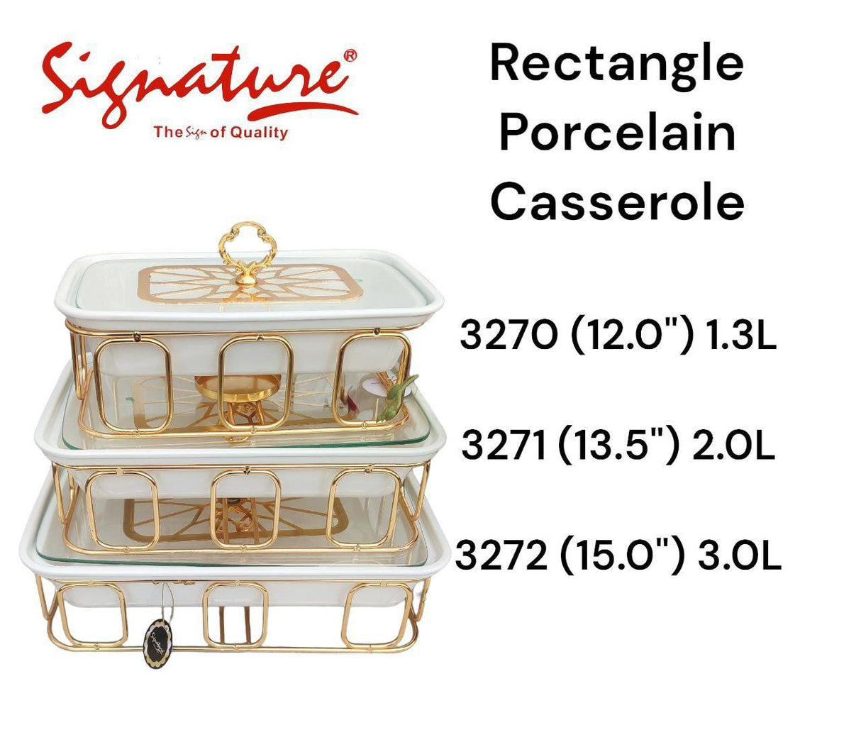 Signature 3pcs Rectangular Ceramic Casserole set with Gold stands