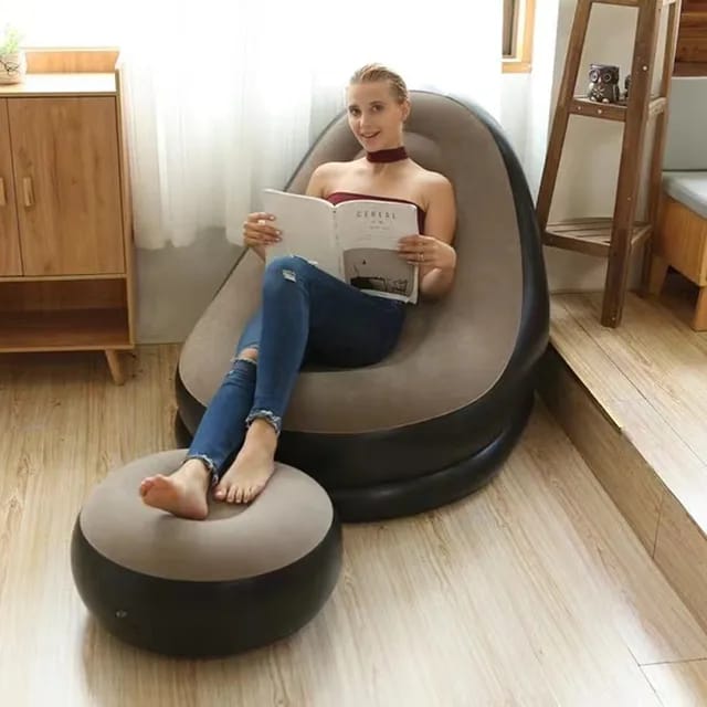 2-IN-1 Inflatable Lounge Sofa Bed Set, Portable Lazy Flocking with Footstool