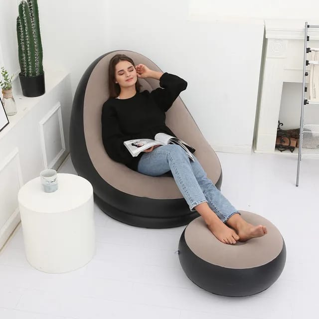 2-IN-1 Inflatable Lounge Sofa Bed Set, Portable Lazy Flocking with Footstool