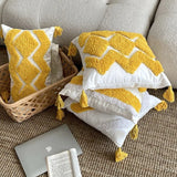 Yellow Embroidery Cushion Cover Geometric Tassels Pillow Cover 45x45cm