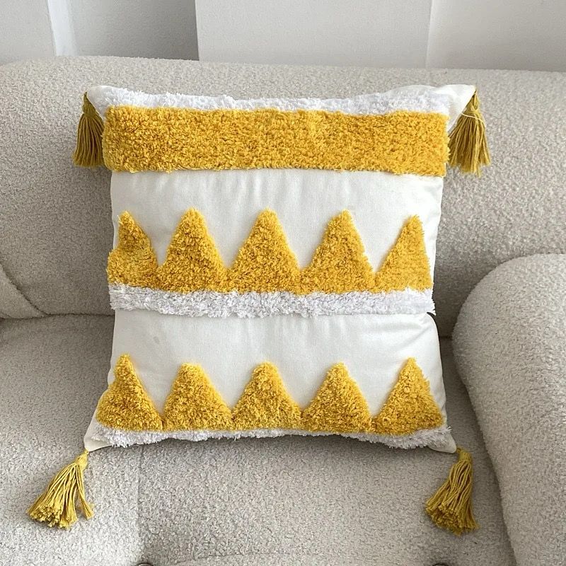 Yellow Embroidery Cushion Cover Geometric Tassels Pillow Cover 45x45cm