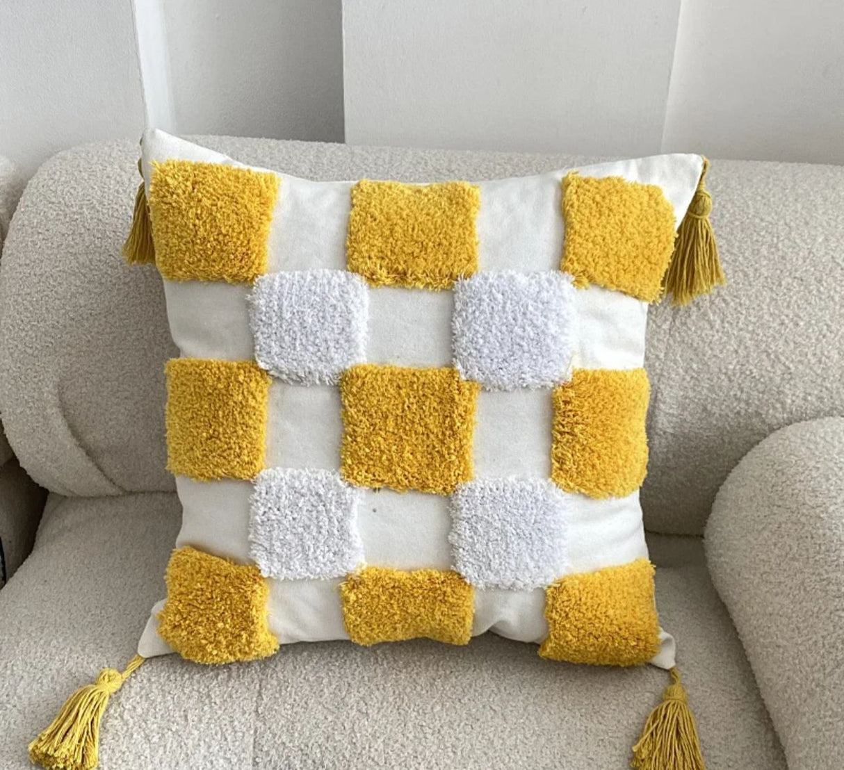 Yellow Embroidery Cushion Cover Geometric Tassels Pillow Cover 45x45cm