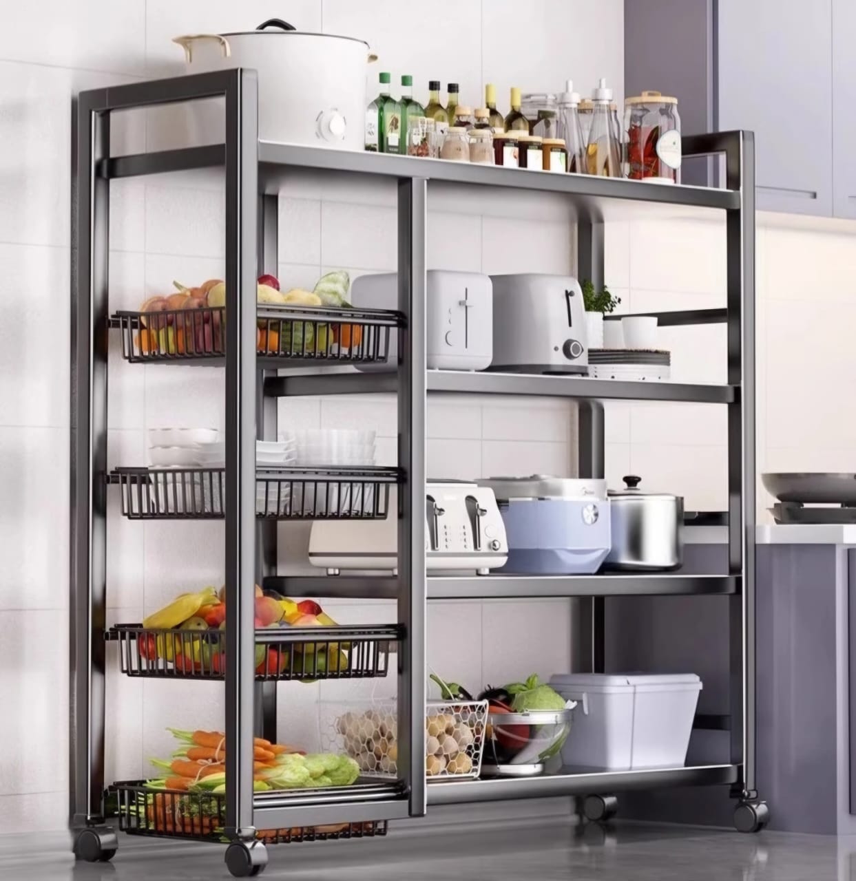 Kitchen Organizer Shelf, Metal Frame Microwave Oven Stand Multifunctional Kitchen Storage Rack