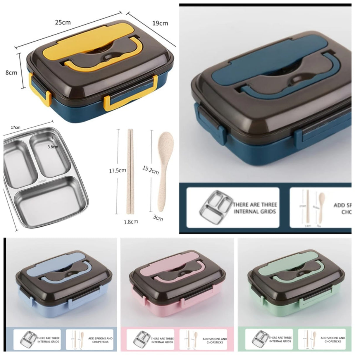 3 Grid Stainless Steel Lunch Box With Spoon and Chopsticks