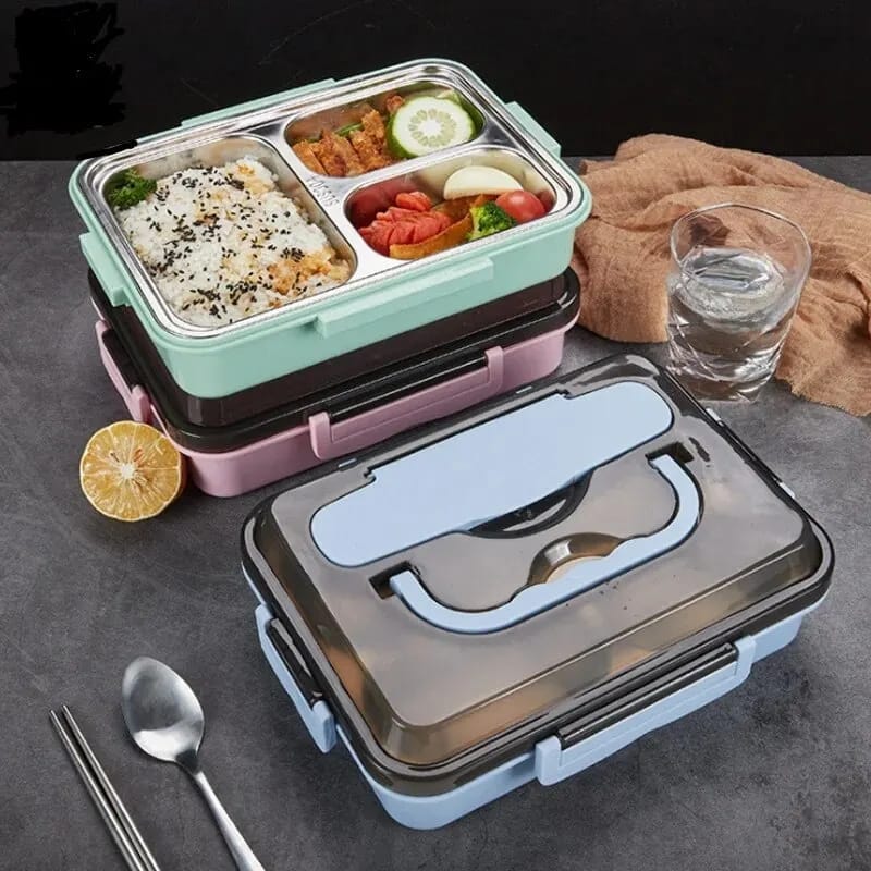 3 Grid Stainless Steel Lunch Box With Spoon and Chopsticks