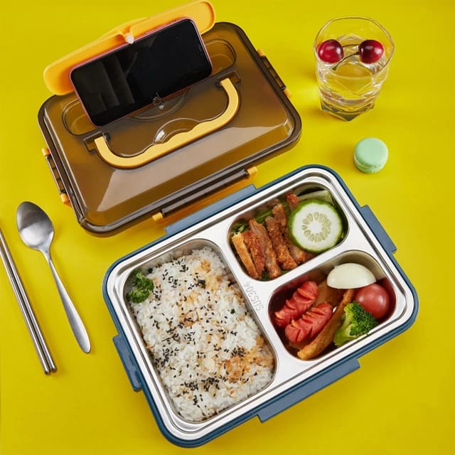 3 Grid Stainless Steel Lunch Box With Spoon and Chopsticks