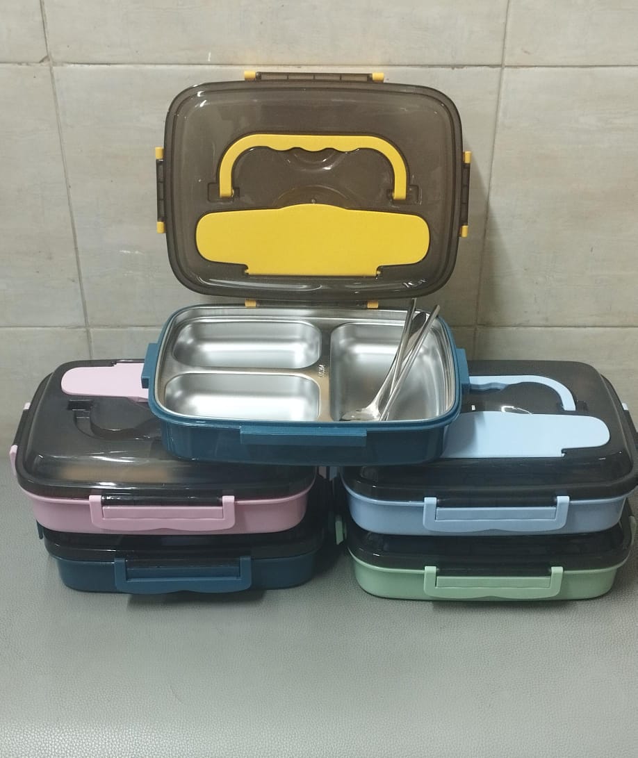 3 Grid Stainless Steel Lunch Box With Spoon and Chopsticks