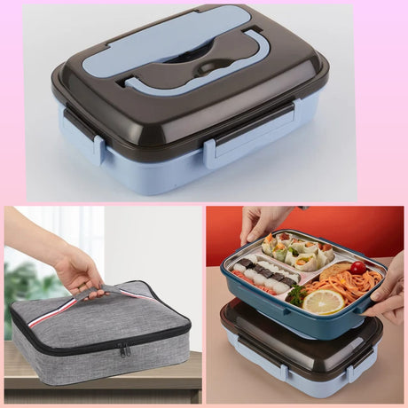 Dish Combo set with 3 Grid Stainless Steel Lunch Box With Spoon and Chopsticks and insulated lunch bag