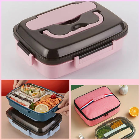 Dish Combo set with 3 Grid Stainless Steel Lunch Box With Spoon and Chopsticks and insulated lunch bag