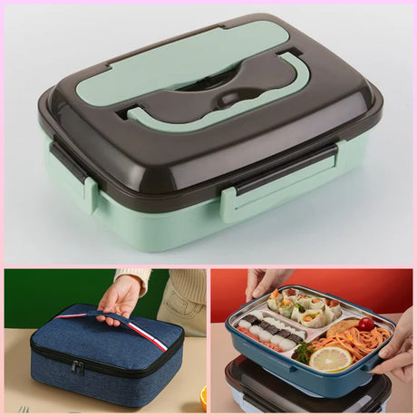 Dish Combo set with 3 Grid Stainless Steel Lunch Box With Spoon and Chopsticks and insulated lunch bag