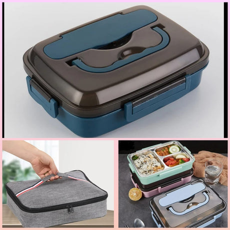 Dish Combo set with 3 Grid Stainless Steel Lunch Box With Spoon and Chopsticks and insulated lunch bag