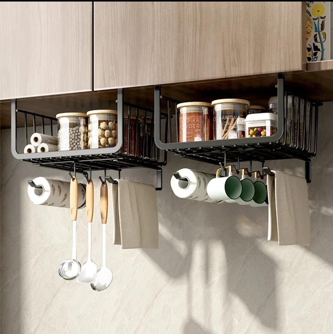 4 in 1 Metallic Under Shelf Paper Towel Rack with Hooks