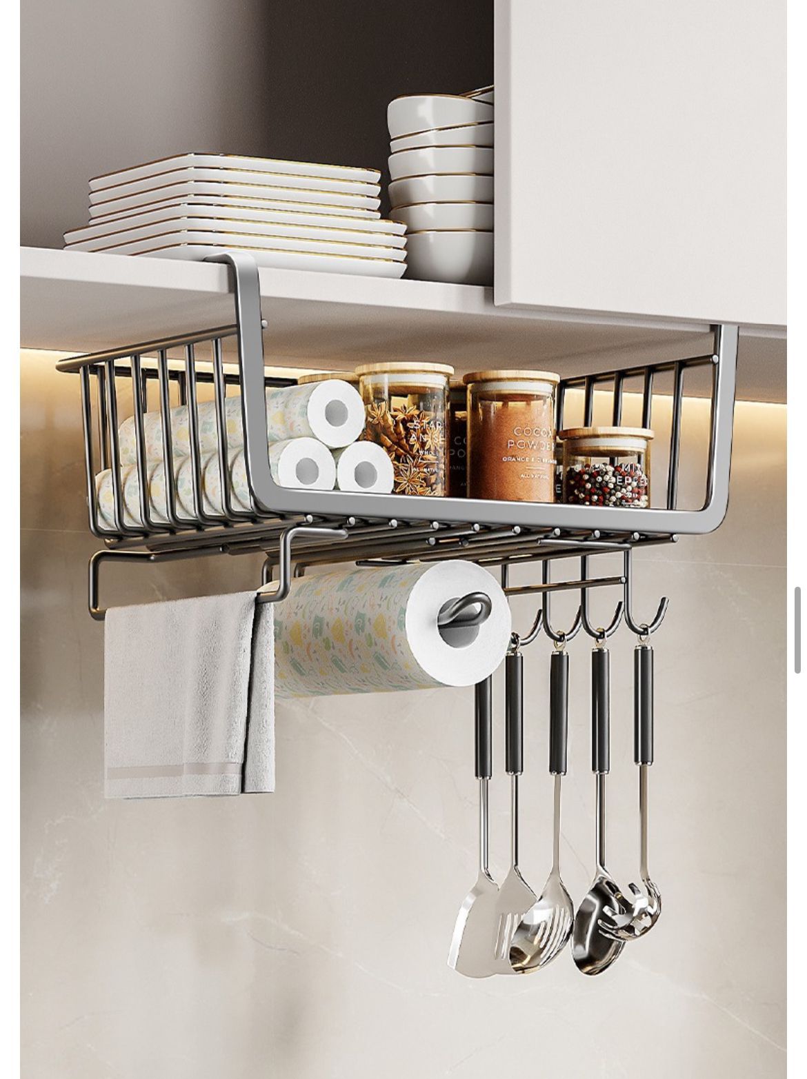 4 in 1 Metallic Under Shelf Paper Towel Rack with Hooks