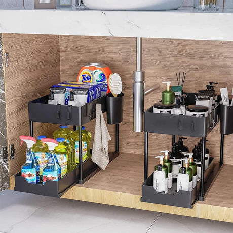 Double Sliding Under Sink Organizers and Storage 2 Tier Bathroom Storage and Organization Storage Shelf