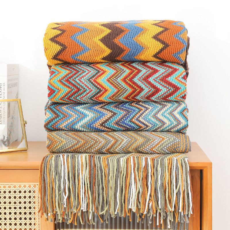 Bohemian Knitted Throw Blanket With Tassel