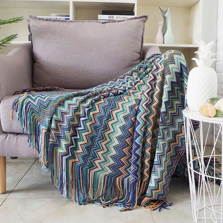 Bohemian Knitted Throw Blanket With Tassel