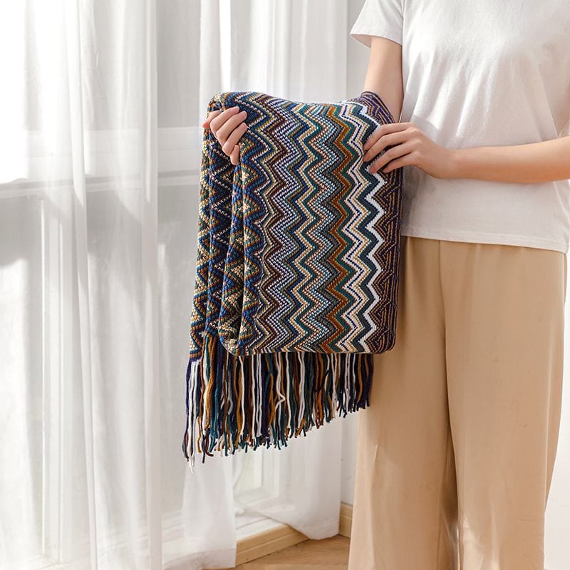 Bohemian Knitted Throw Blanket With Tassel