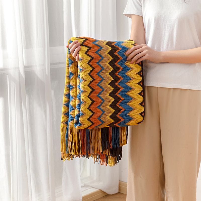 Bohemian Knitted Throw Blanket With Tassel