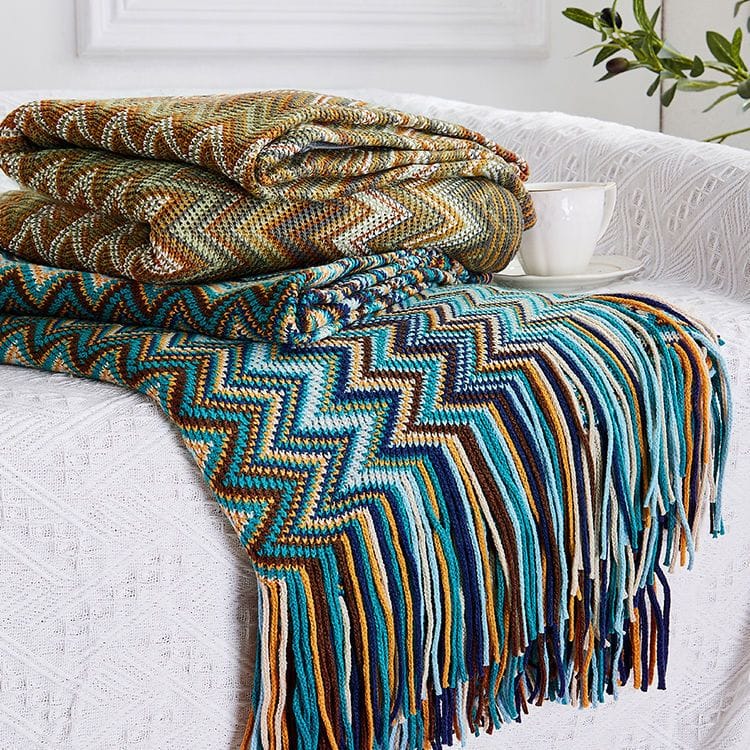 Bohemian Knitted Throw Blanket With Tassel