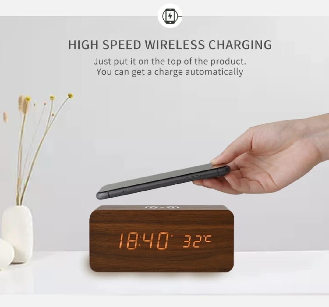 Wireless Charging Bamboo Wooden Digital Alarm Clock Bluetooth Speaker