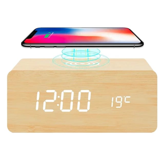 Wireless Charging Bamboo Wooden Digital Alarm Clock Bluetooth Speaker