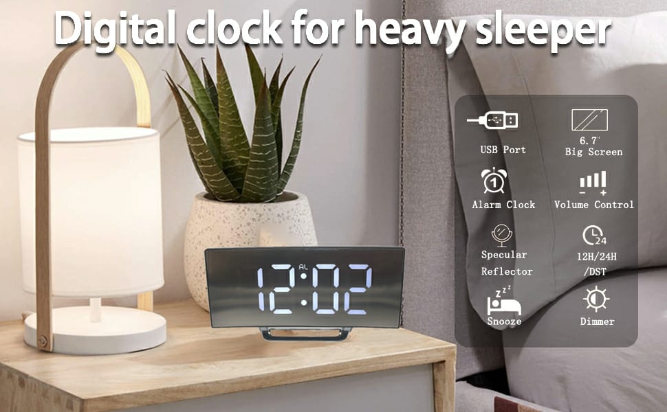 Digital Alarm Clock Bedside, LED Bedside Clock with 7" Curved Screen