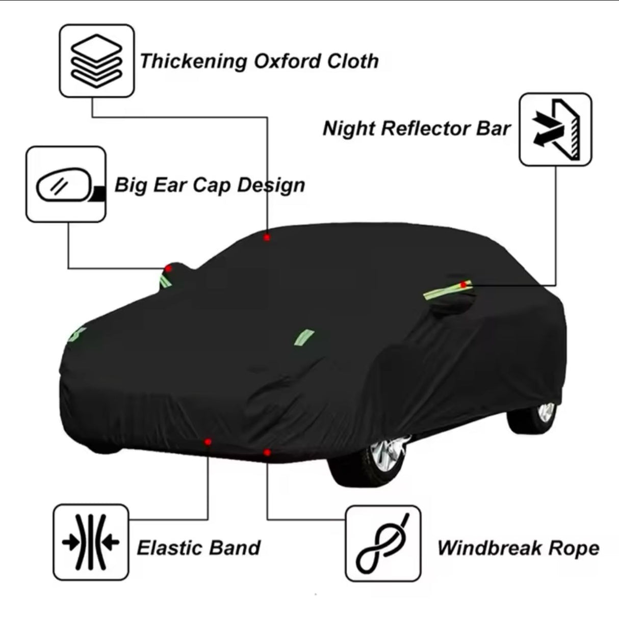 Universal Black Car Cover with fleece on the inside part &amp; Has Reflector on the sides