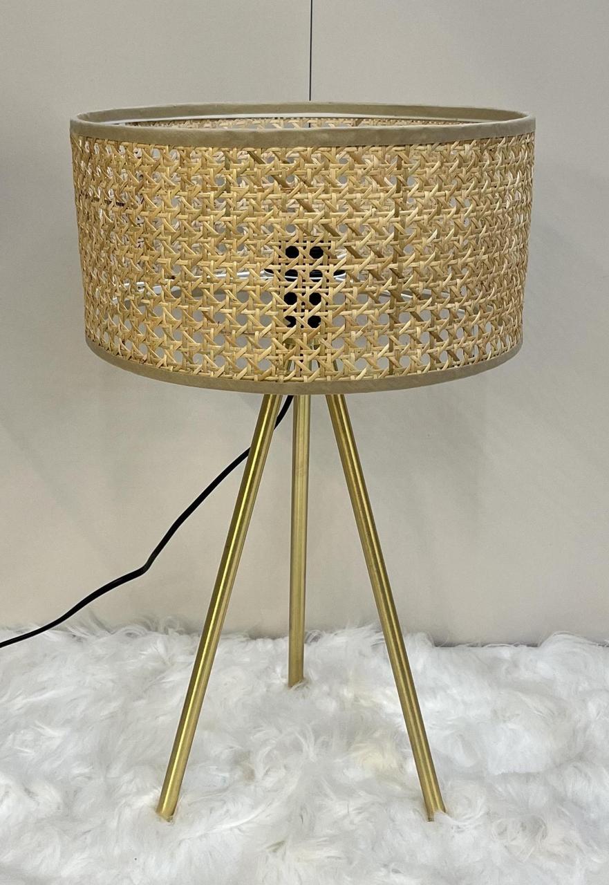 Metallic Glow Table Lamp with Wooden Net Shade - Gold