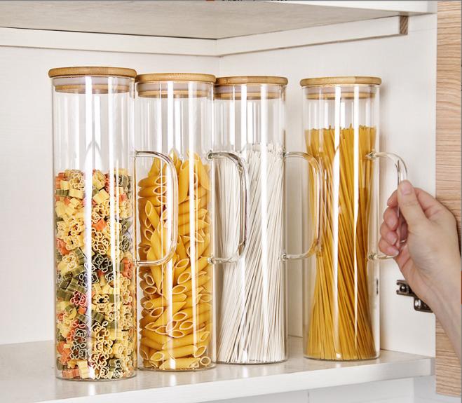 2pcs Italian Pasta Noodels Storage Jar 1500ml Round Glass Storage Jars Bamboo Cover, Sealed Glass Bottle, Kitchen Seasoning Tank