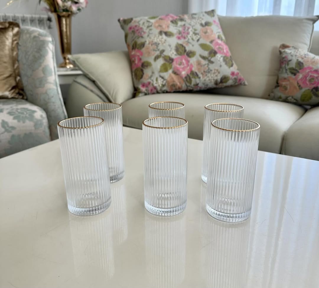 6pcs Unique Diamond Highball Glass Set – 400ml With Gold Rim