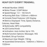 Heavy Duty EVERFIT Treadmill – Model S9002 3.5HP, Auto Incline, Multi-Function